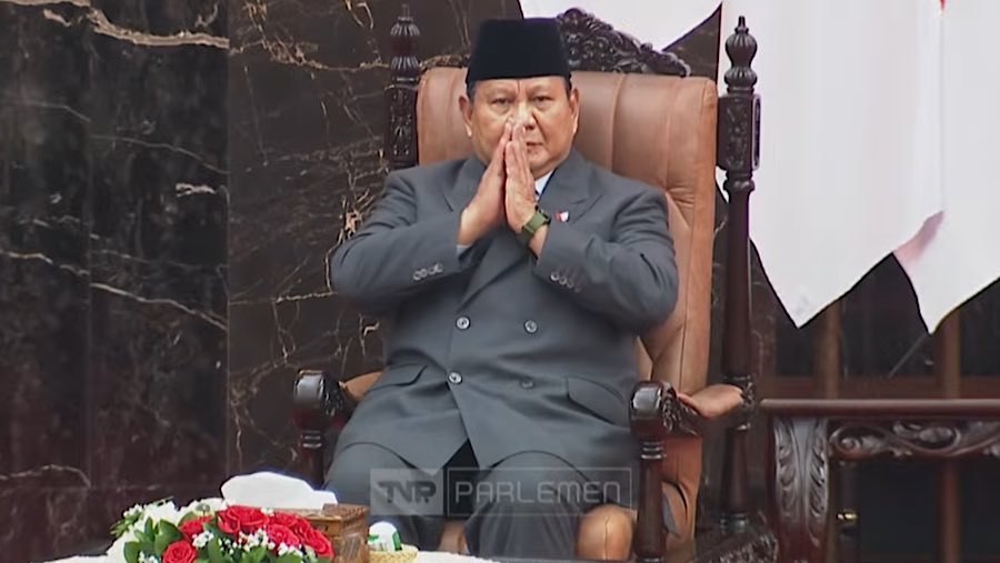 Presiden Prabowo Subianto saat penyampaian RUU APBN 2026 pada sidang tahunan MPR di Gedung DPR/MPR, Jumat (15/8/2025). (Youtube Setpres)