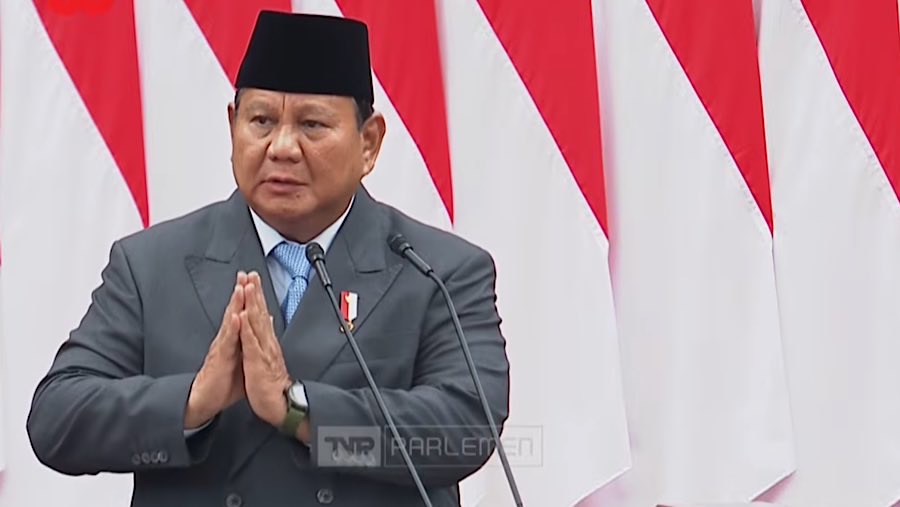 Presiden Prabowo Subianto saat penyampaian RUU APBN 2026 pada sidang tahunan MPR di Gedung DPR/MPR, Jumat (15/8/2025). (Youtube Setpres)