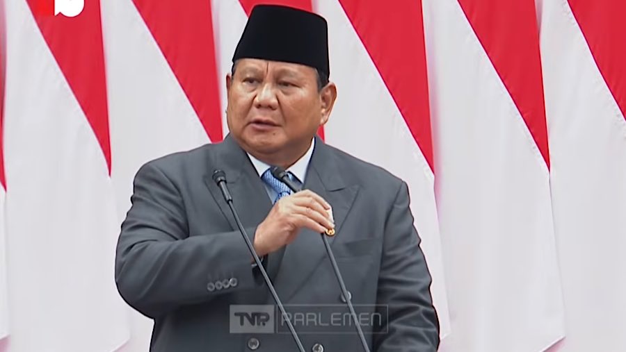 Presiden Prabowo Subianto saat penyampaian RUU APBN 2026 pada sidang tahunan MPR di Gedung DPR/MPR, Jumat (15/8/2025). (Youtube Setpres)