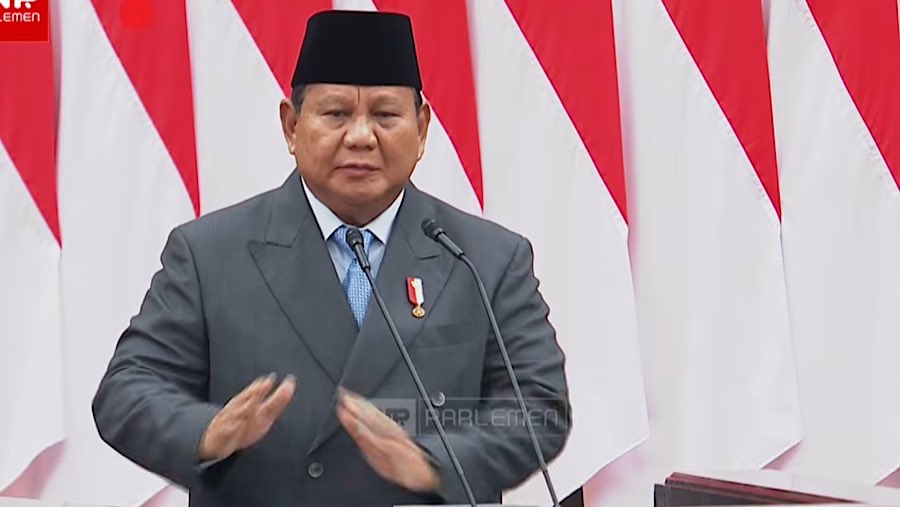 Presiden Prabowo Subianto saat penyampaian RUU APBN 2026 pada sidang tahunan MPR di Gedung DPR/MPR, Jumat (15/8/2025). (Youtube Setpres)