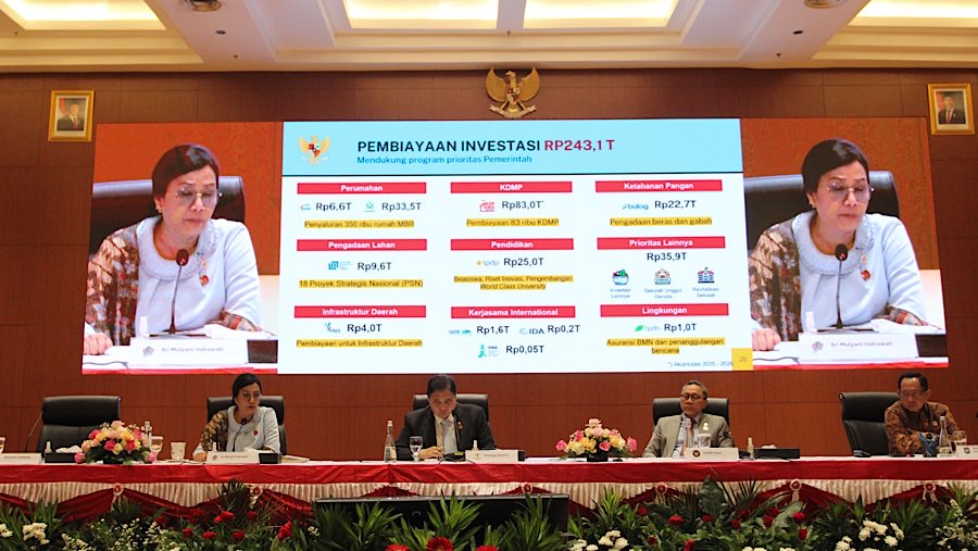 Menkeu, Sri Mulyani saat konfrensi Pers RAPBN dan Nota Keuangan T.A 2026 di Jakarta, Jumat (15/8/2025). (Bloomberg Technoz/Andrean Kristianto)