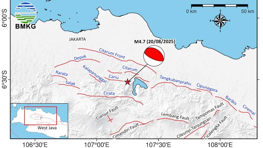 Gempa berkekuatan M4,7 guncang Bekasi, Rabu (20/8/2025) malam. (BMKG)