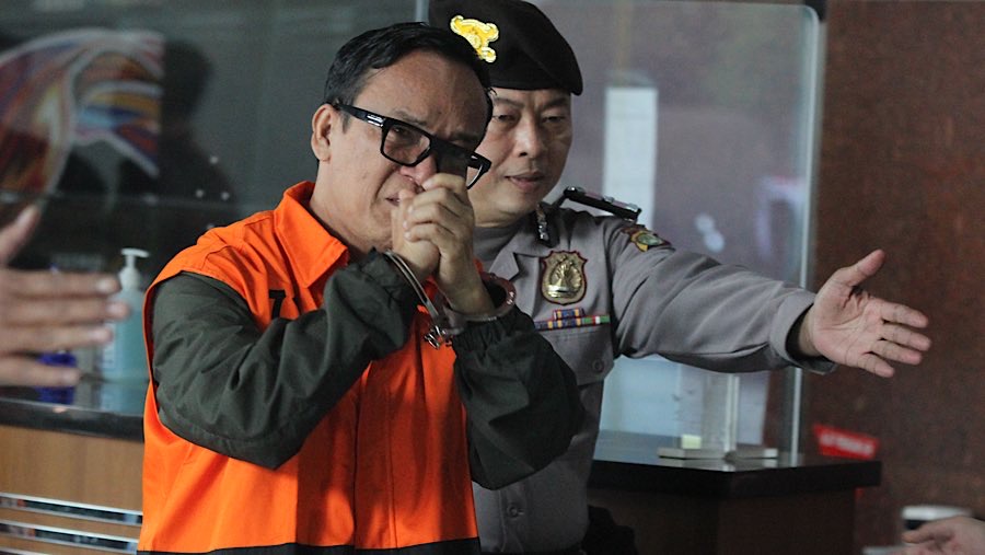 Wamenaker, Immanuel Ebenezer tersangka pemerasan pengurusan sertifikasi K3 ‘saat konfrensi persi di KPK, Jumat (22/8/2025). (Bloomberg Technoz/Andre)