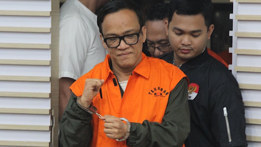 Namun saat memasuki ruang konfrensi pers wajah sedih Noel tak terlihat kembali. (Bloomberg Technoz/Andre)