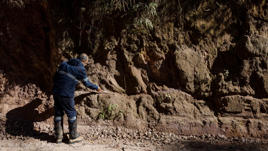 Pekerja melihat area tempat sampel tanah diambil pada proyek eksplorasi tanah jarang Meteoric Resources./Bloomberg- Victor Moriyama