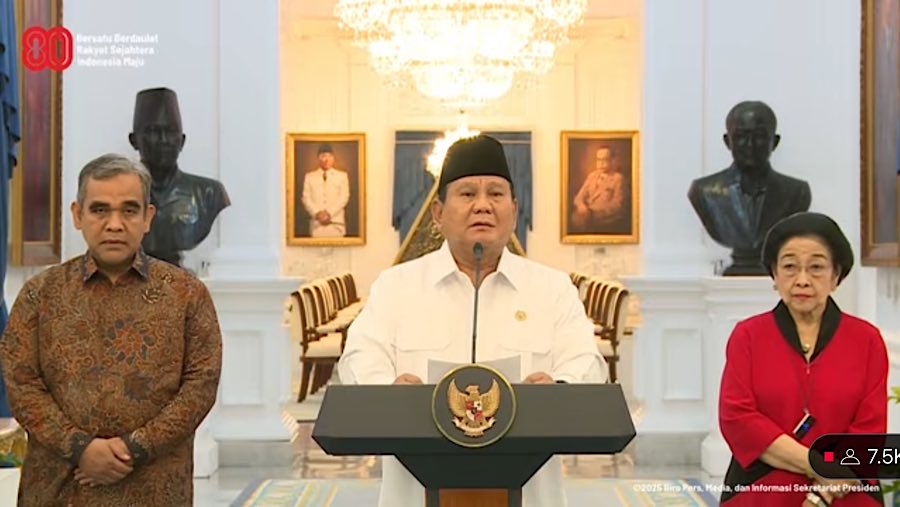 Presiden Prabowo Subianto memberikan keterangan pers bersama Ketum Partai di Istana Negara, Minggu (31/8/2025).(Youtube Setpres)