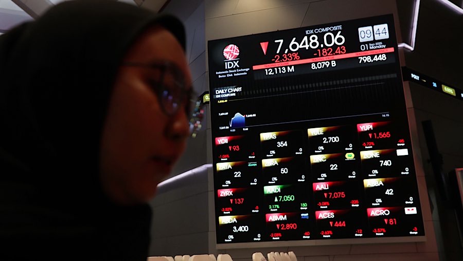Pekerja di depan layar indeks harga saham gabungan (IHSG) di Bursa Efek Indonesia (BEI), Senin (1/9/2025). (Bloomberg Technoz/Andrean Kristianto)