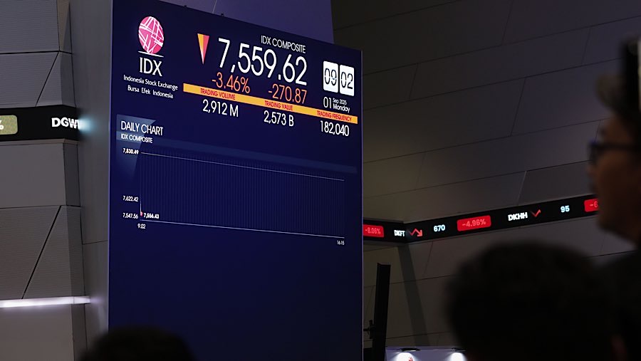 Pekerja di depan layar indeks harga saham gabungan (IHSG) di Bursa Efek Indonesia (BEI), Senin (1/9/2025). (Bloomberg Technoz/Andrean Kristianto)