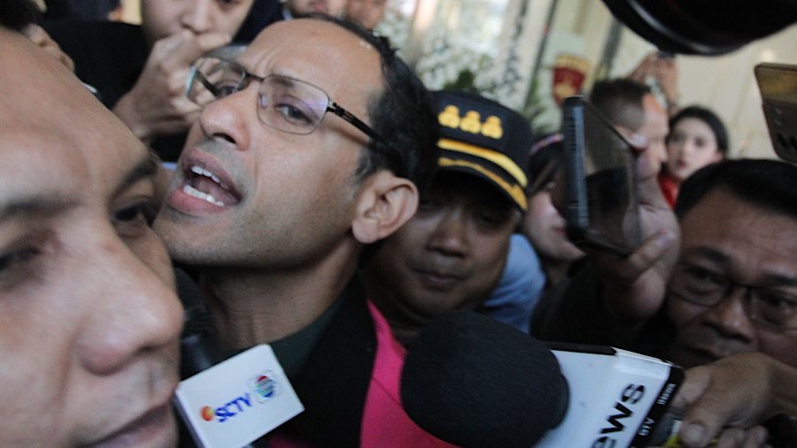 Mendikbudristek 2019-2024, Nadiem Makarim ditetapkan tersangka di Kejagung, Jumat (4/92025). (Bloomberg Technoz/Andrean K)
