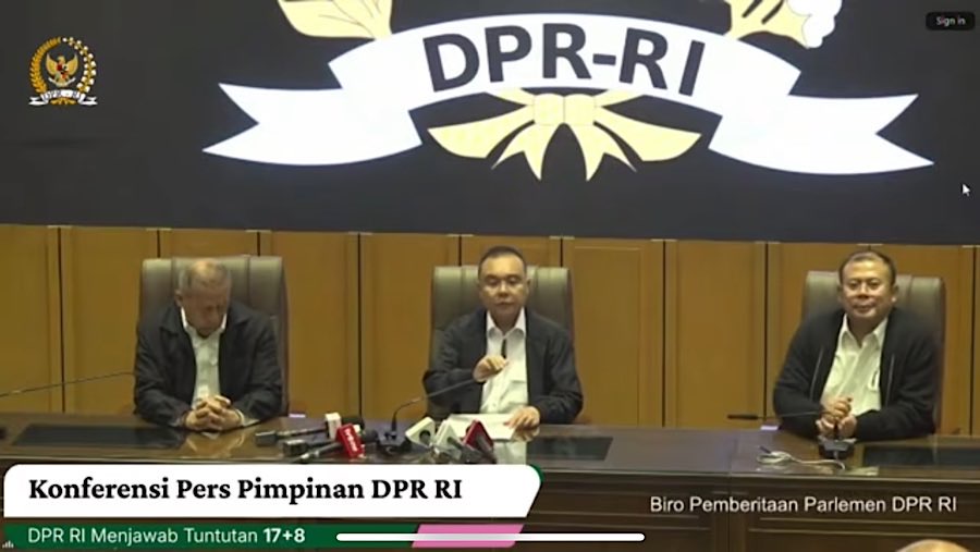 Wakil Ketua DPR Sufmi Dasco Ahmad memimpin konfrensi pers mengenai tuntutan 17+8. (Tangkapan Layar Youtube DPR)