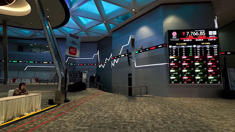 Pekerja di depan layar indeks harga saham gabungan (IHSG) di Bursa Efek Indonesia (BEI), Senin (8/9/2025). (Bloomberg Technoz/Andrean Kristianto)