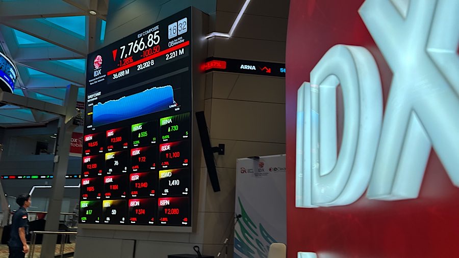 Pekerja di depan layar indeks harga saham gabungan (IHSG) di Bursa Efek Indonesia (BEI), Senin (8/9/2025). (Bloomberg Technoz/Andrean Kristianto)