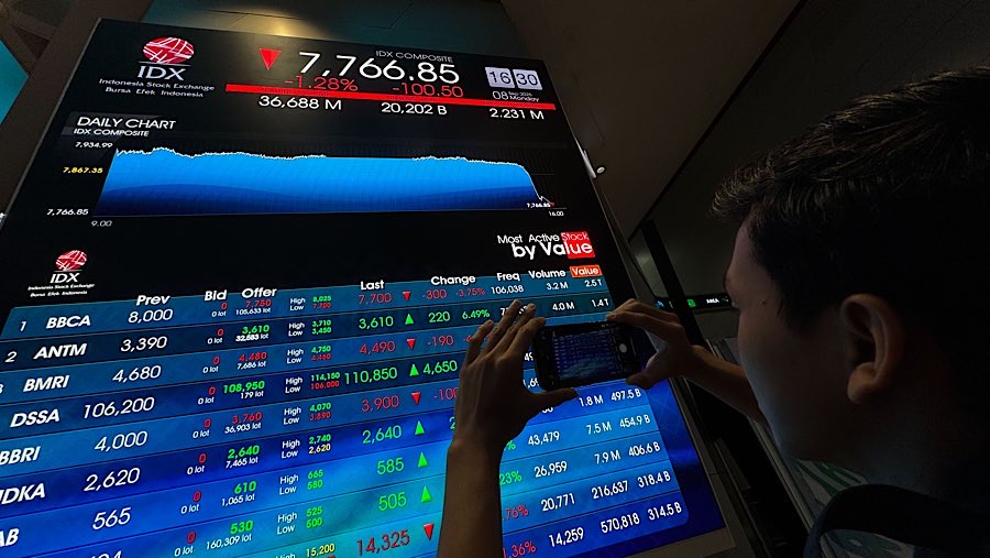 Pekerja di depan layar indeks harga saham gabungan (IHSG) di Bursa Efek Indonesia (BEI), Senin (8/9/2025). (Bloomberg Technoz/Andrean Kristianto)