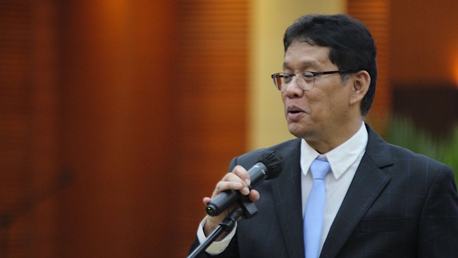 Menkeu Purbaya Yudhi Sadewa memberikan sambutan saat acara sertijab Menteri Keuangan di Kemenkeu, Selasa (9/9/2025). (Bloomberg Technoz/Andrean K)