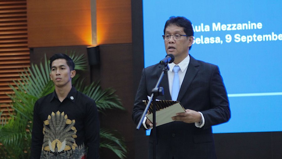 Menkeu Purbaya Yudhi Sadewa memberikan sambutan saat acara sertijab Menteri Keuangan di Kemenkeu, Selasa (9/9/2025). (Bloomberg Technoz/Andrean K)