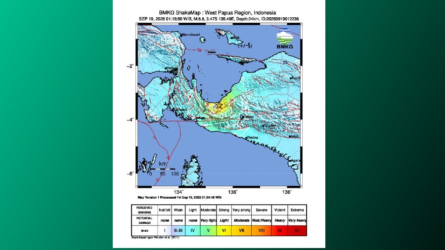 Gempa Bumi di Nabire, Papua Tengah pada Jumat (19/09/2025). (Dok BMKG)