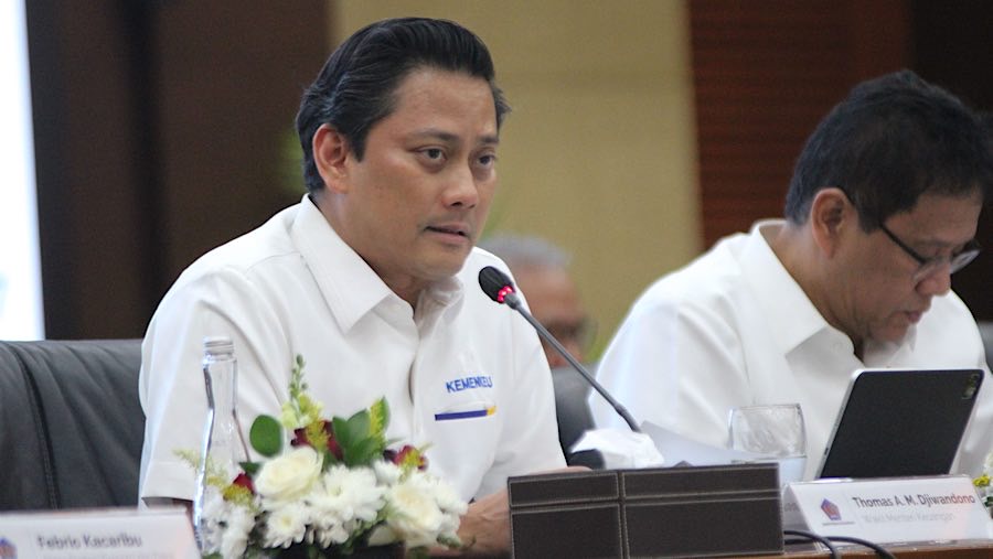 Wamenkeu, Thomas A. M. Djiwandono saat paparan APBN Kita di Kantor Kemenkeu, Senin (22/9/2025). (Bloomberg Technoz/Andrean Kristianto)