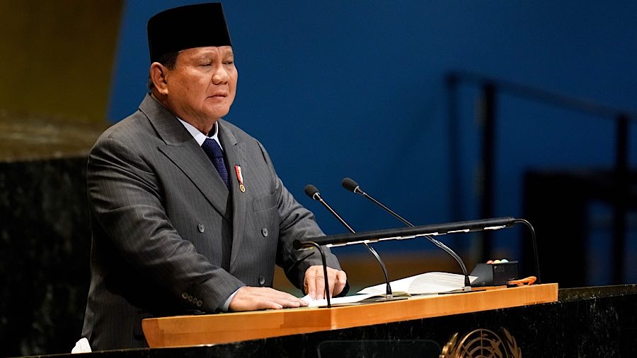 Presiden Prabowo Subianto saat konferensi PBB mengenai solusi dua negara Palestina di New York, AS, Senin (22/9/2025). (David Dee Delgado/Bloomberg)