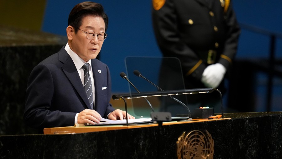 Presiden Korea Selatan Lee Jae Myung selama Sidang Umum PBB di New York (23/9). (Fotografer: David Dee Delgado/Bloomberg)