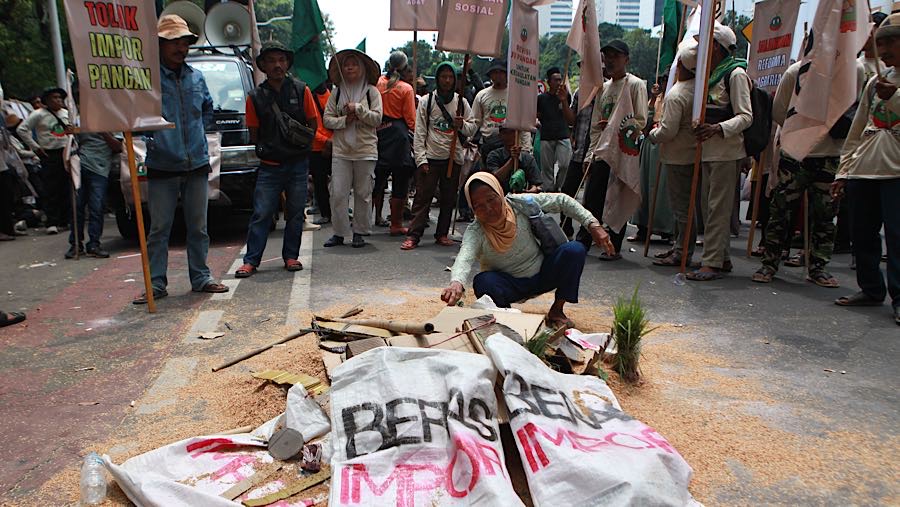 Massa mengusung tema ‘Wujudkan Kedaulatan Pangan dengan Melaksanakan Reforma Agraria’. (Bloomberg Technoz/Andrean Kristianto)