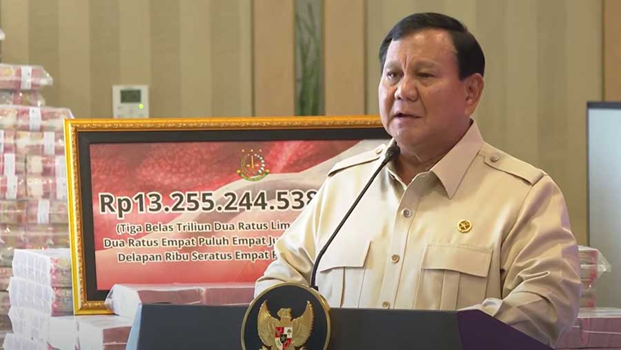 Presiden Prabowo Saksikan Penyerahan Uang Pengganti Kerugian Negara, Jakarta (20/10/2025). (Tangkapan Layar YouTube Sekretariat Presiden)