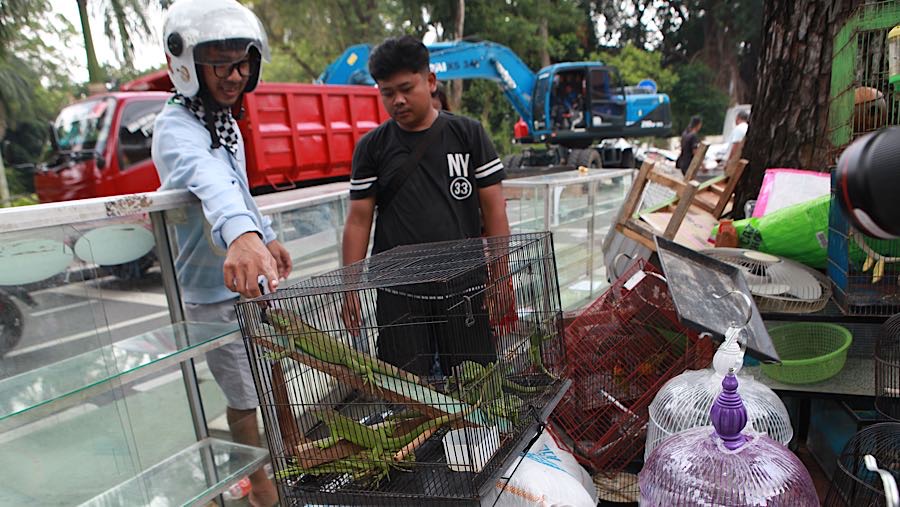 Pedagang melayaji pembeli hewan saat pembongkaran kios di Pasar Barito, Jakarta, Senin (27/10/2025). (Bloomberg Technoz/Andrean Kristianto)