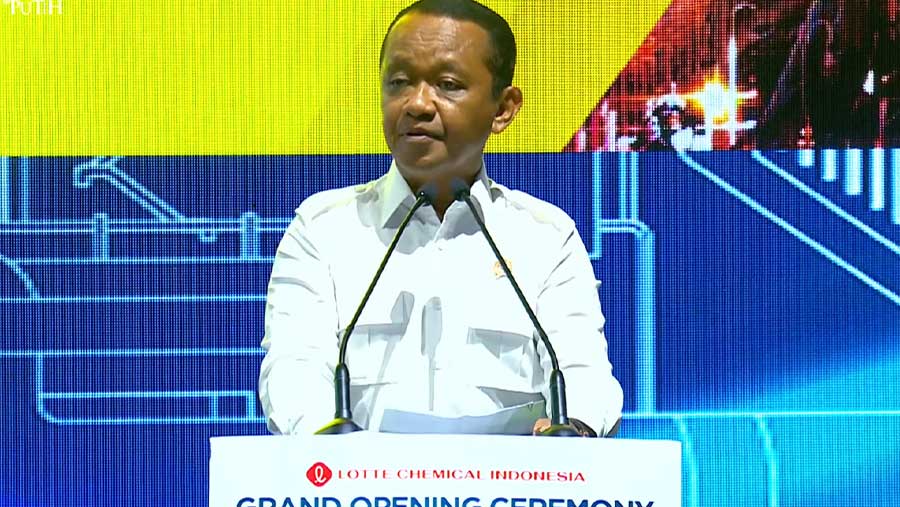Meneteri ESDM Bahlil Lahadalia di Peresmian Pabrik Lotte Chemical Indonesia, Cilegon, (6/11/2025). (Tangkapan layar Youtube Sekretariat Presiden)