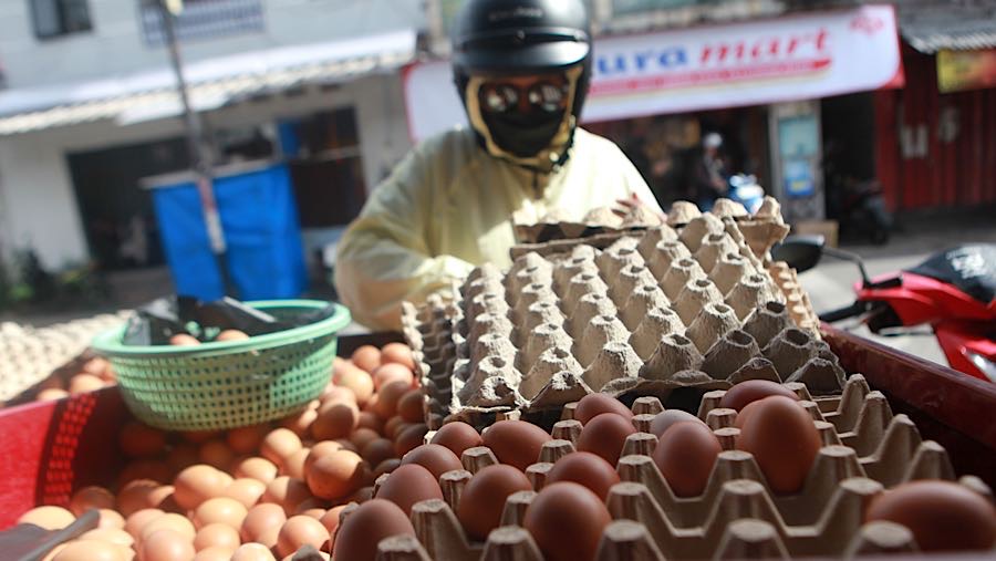 Menurut pedagang tersebut harga telir ayam telah mengalami kenailan sejak bulan lalu. (Bloomberg Technoz/Andrean Kristianto)