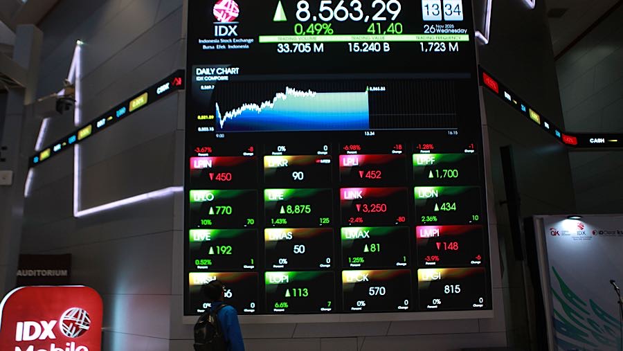 Karyawan di depan layar indeks harga saham gabungan (IHSG) di Bursa Efek Indonesia (BEI), Rabu (26/11/2025). (Bloomberg Technoz/Andrean Kristianto)