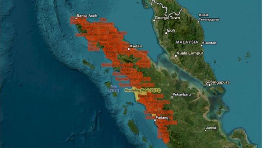 Peta wilayah terdampak banjir di Aceh, Sumatra Utara, dan Sumatra Barat. (Dok BNPB)