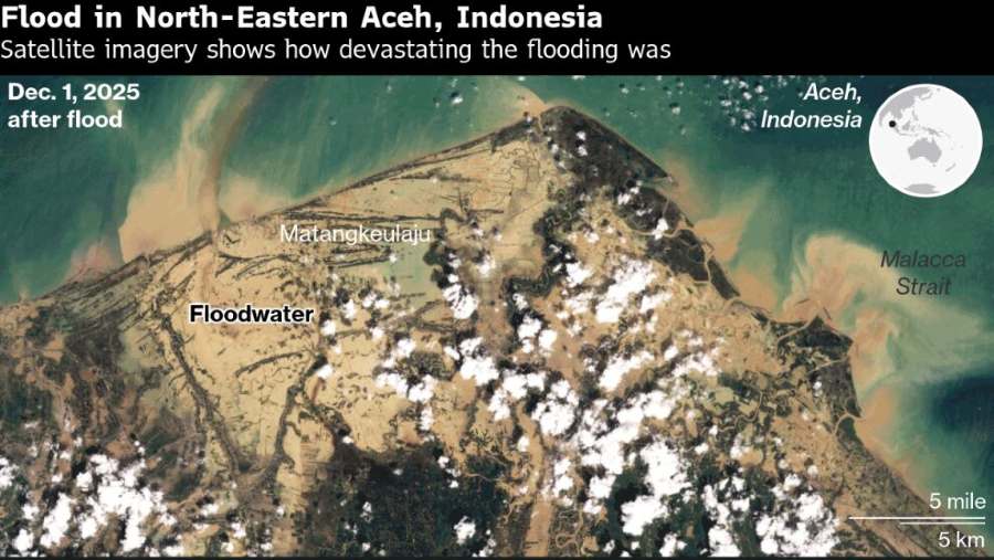 Peta geospasial satelit memperlihatkan dampak kerusakan akibat banjir efek hadirnya Badai Siklon di periode musim hujan. Bloomberg