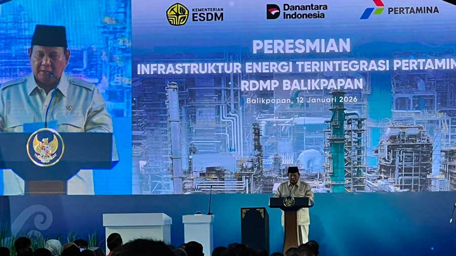 Presiden Prabowo di peresmian RDMP Balikpapan, Senin (12/1/2026). (Bloomberg Technoz/Azura Yumna)
