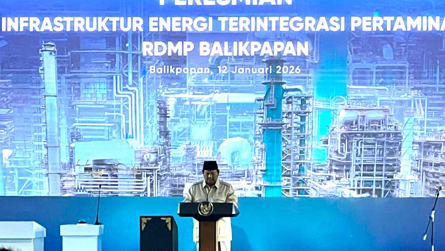Presiden Prabowo di peresmian RDMP Balikpapan, Senin (12/1/2026). (Bloomberg Technoz/Azura Yumna)