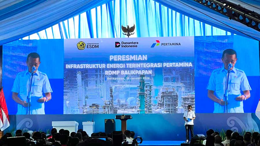 Menteri ESDM Bahlil Lahadalia di peresmian RDMP Balikpapan, Senin (12/1/2026). (Bloomberg Technoz/Azura Yumna)