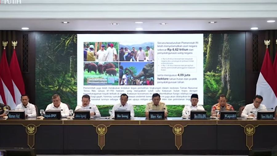 Konfrensi pers satuan tugas penertiban kawasan hutan. (Tangkapan Layar Youtube Setpres)