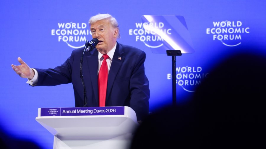 Presiden AS Donald Trump di Davos (21/1/2026). (Krisztian Bocsi/Bloomberg)