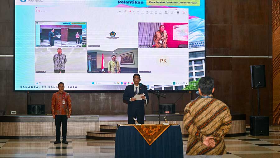 Pelantikan Pejabat Baru Direktorat Jenderal Pajak Kemenkeu KPP Madya Jakarta Utara oleh Menkeu Purbaya, Kamis (22/1/2026). (Bloomberg Technoz/Ibnu)