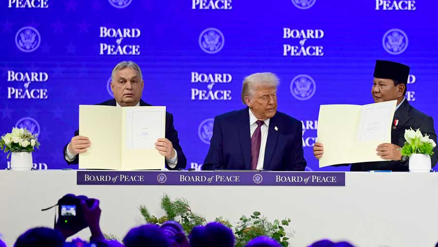 Presiden Prabowo Subianto dan sejumlah pemimpin negara Teken Board of Peace Gaza. (Dok BPMI)