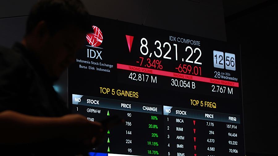 Karyawan melintas di depan layar pergerakan harga saham (IHSG) di Bursa Efek Indonesia (BEI), Rabu (28/1/2026). (Bloomberg Technoz/Andrean Kristianto)