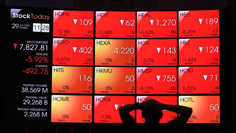 Indeks Harga Saham Gabungan (IHSG) pada perdagangan hari ini, Kamis (29/1/2026), dibuka melemah. (Bloomberg Technoz/Andrean Kristianto)
