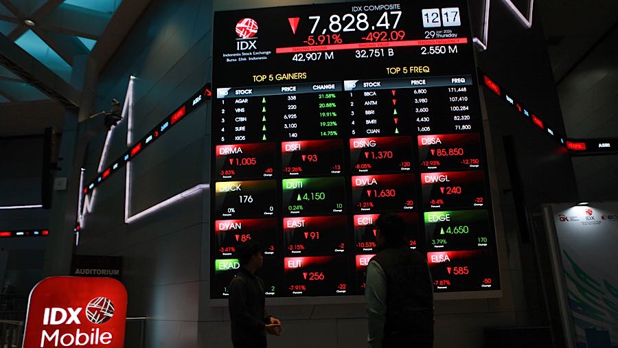 Karyawan di depan layar pergerakan harga saham (IHSG) di Bursa Efek Indonesia (BEI), Kamis (29/1/2026). (Bloomberg Technoz/Andrean Kristianto)