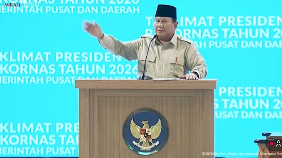 Presiden Prabowo Subianto di Taklimat Presden RI pada Rakornas Pemerintah Pusat dan Daerah 2026. (Youtube Setpres)
