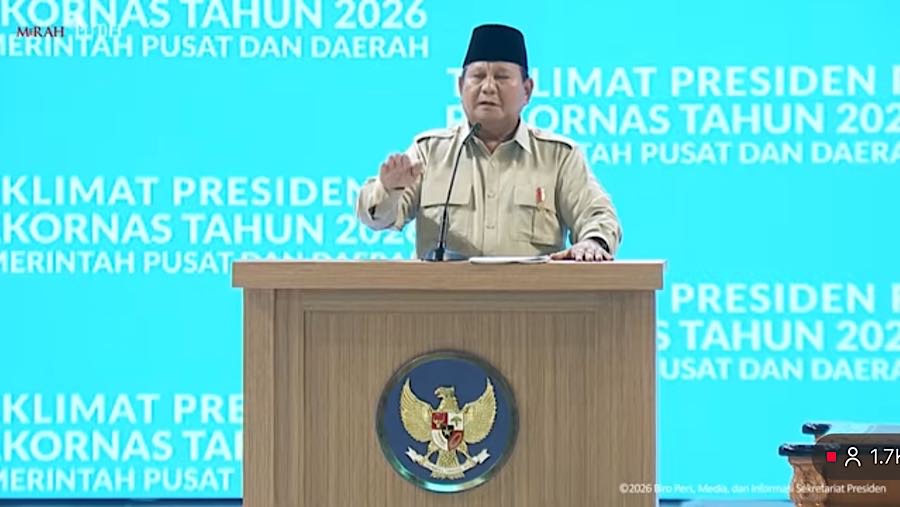 Presiden Prabowo Subianto di Taklimat Presden RI pada Rakornas Pemerintah Pusat dan Daerah 2026. (Youtube Setpres)

