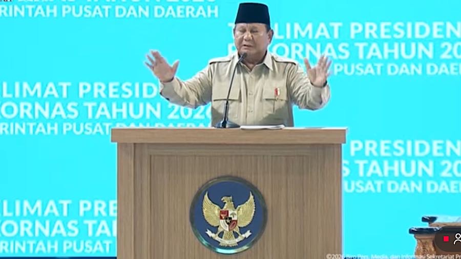 Presiden Prabowo Subianto di Taklimat Presden RI pada Rakornas Pemerintah Pusat dan Daerah 2026. (Youtube Setpres)
