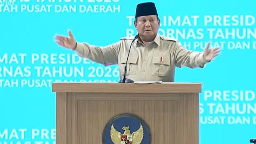 Presiden Prabowo Subianto di Taklimat Presden RI pada Rakornas Pemerintah Pusat dan Daerah 2026. (Youtube Setpres)
