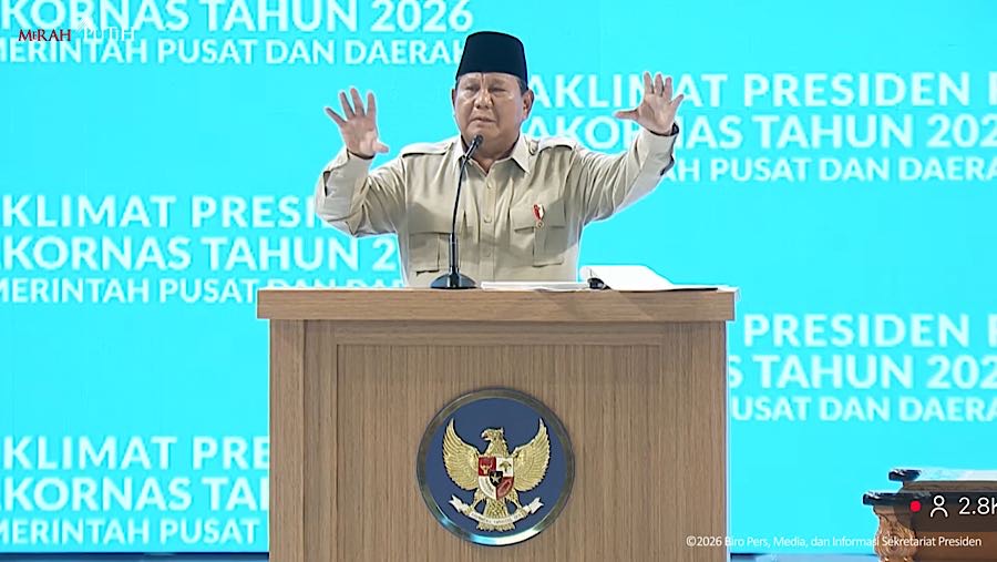 Presiden Prabowo Subianto di Taklimat Presden RI pada Rakornas Pemerintah Pusat dan Daerah 2026. (Youtube Setpres)