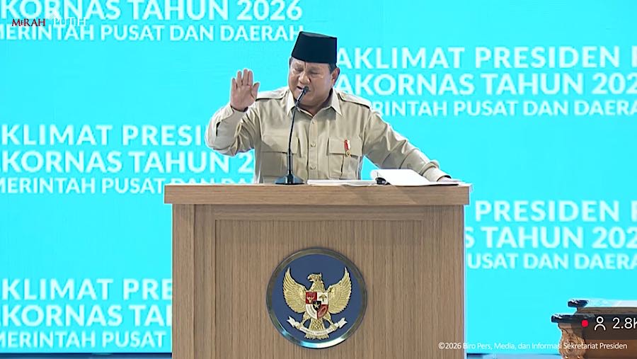 Presiden Prabowo Subianto di Taklimat Presden RI pada Rakornas Pemerintah Pusat dan Daerah 2026. (Youtube Setpres)
