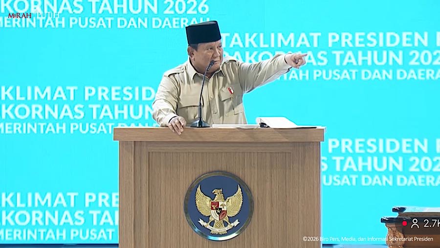 Presiden Prabowo Subianto di Taklimat Presden RI pada Rakornas Pemerintah Pusat dan Daerah 2026. (Youtube Setpres)