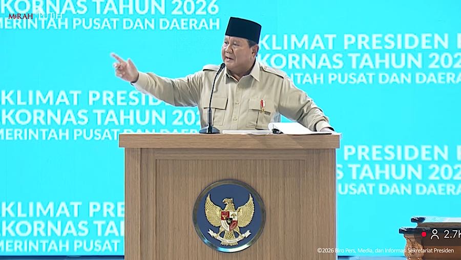 Presiden Prabowo Subianto di Taklimat Presden RI pada Rakornas Pemerintah Pusat dan Daerah 2026. (Youtube Setpres)