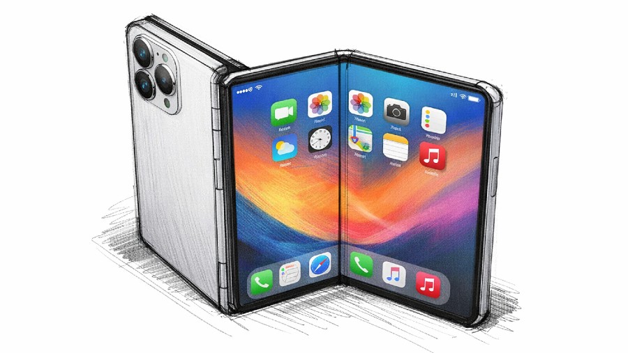 Ilustrasi gambar dugaan pengembangan iPhone lipat perdana dari Apple. (Dok: hasil pengembang dari AI generator)